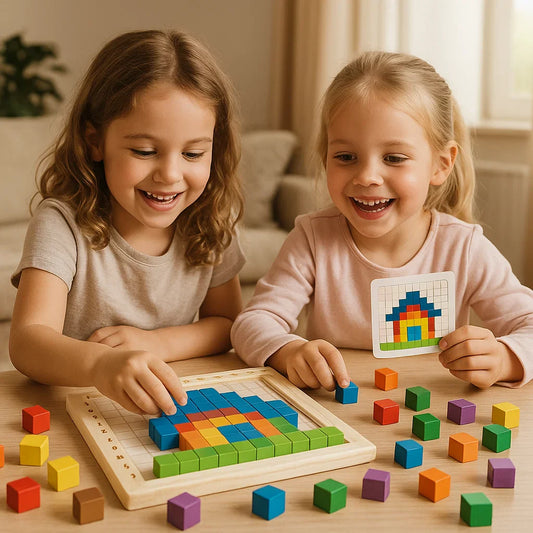 Drewniana gra logiczna dla dzieci | Kolorowe klocki do sortowania z siatką do logiki i dopasowywania wzorów