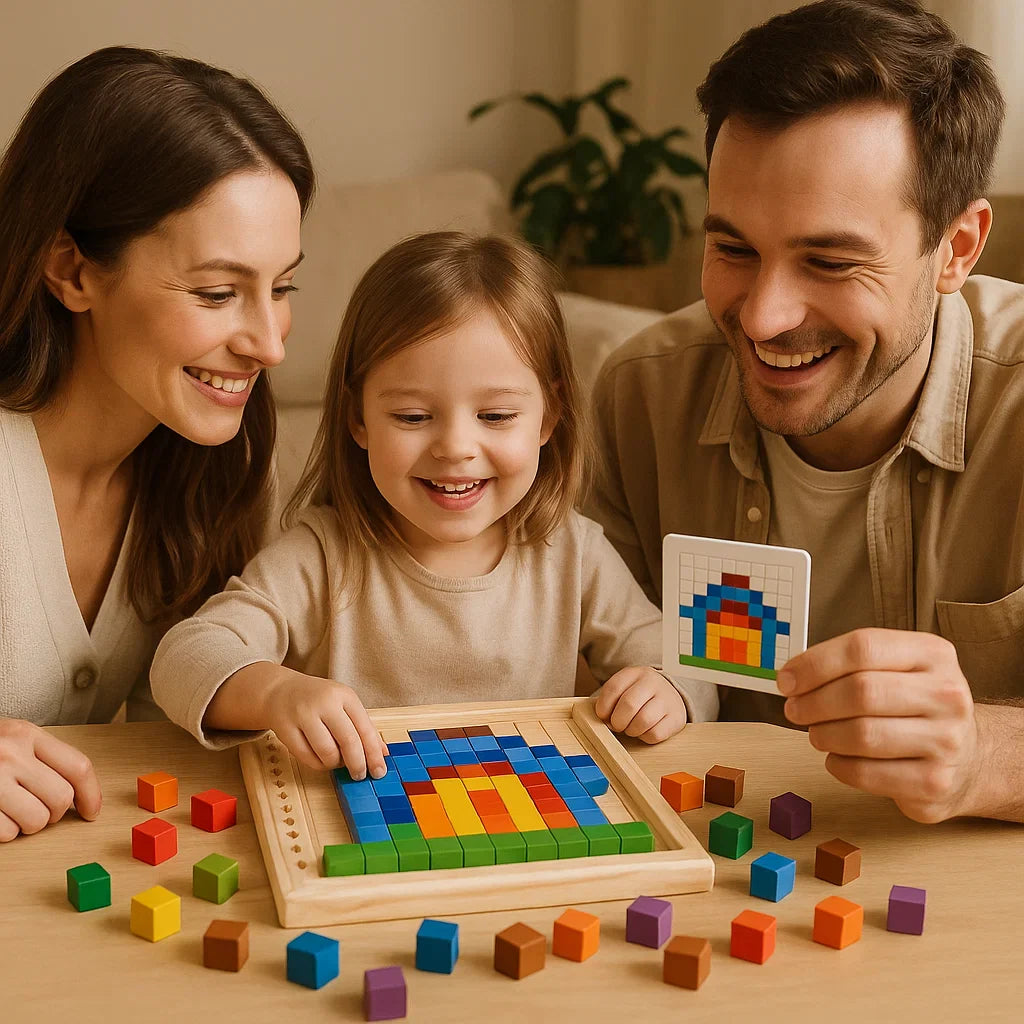 Drewniana gra logiczna dla dzieci | Kolorowe klocki do sortowania z siatką do logiki i dopasowywania wzorów