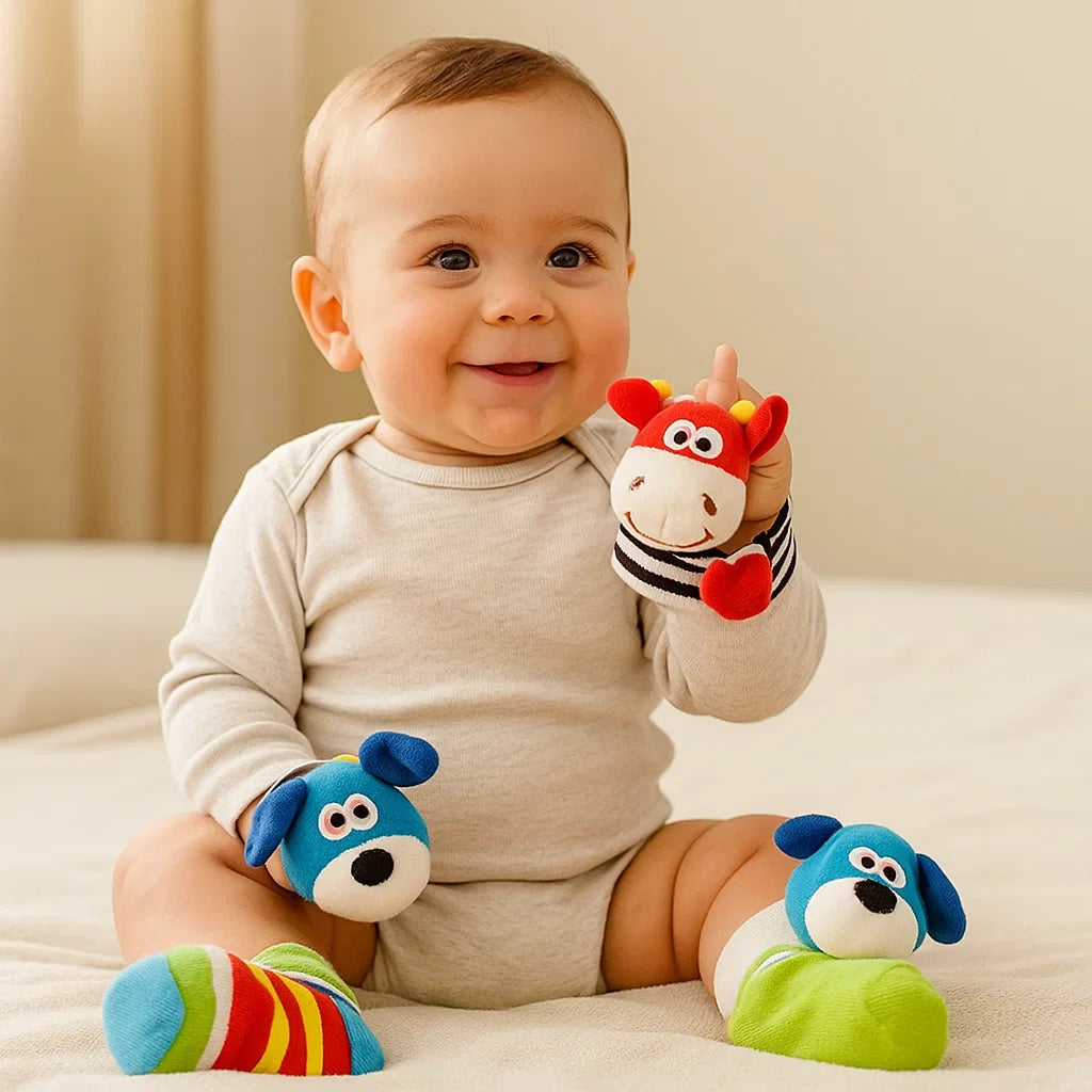 Zestaw grzechotek i skarpetek dla niemowląt | Kolorowe zabawki sensoryczne do wczesnej nauki i rozwoju umiejętności motorycznych