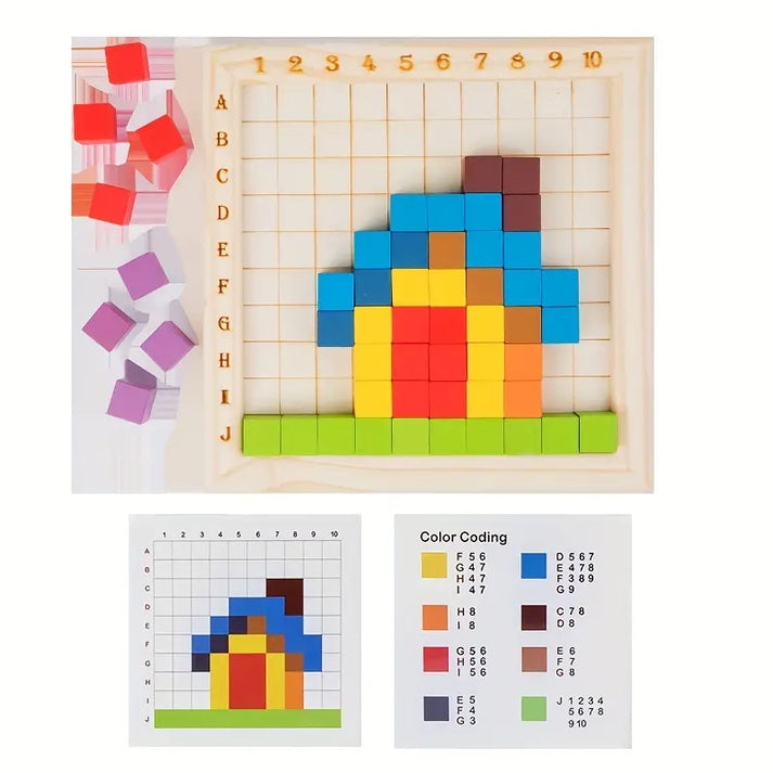 Drewniana gra logiczna dla dzieci | Kolorowe klocki do sortowania z siatką do logiki i dopasowywania wzorów