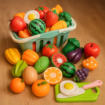 Zestaw do krojenia owoców | Zabawka edukacyjna dla dzieci z koszem i realistycznymi warzywami do odgrywania ról
