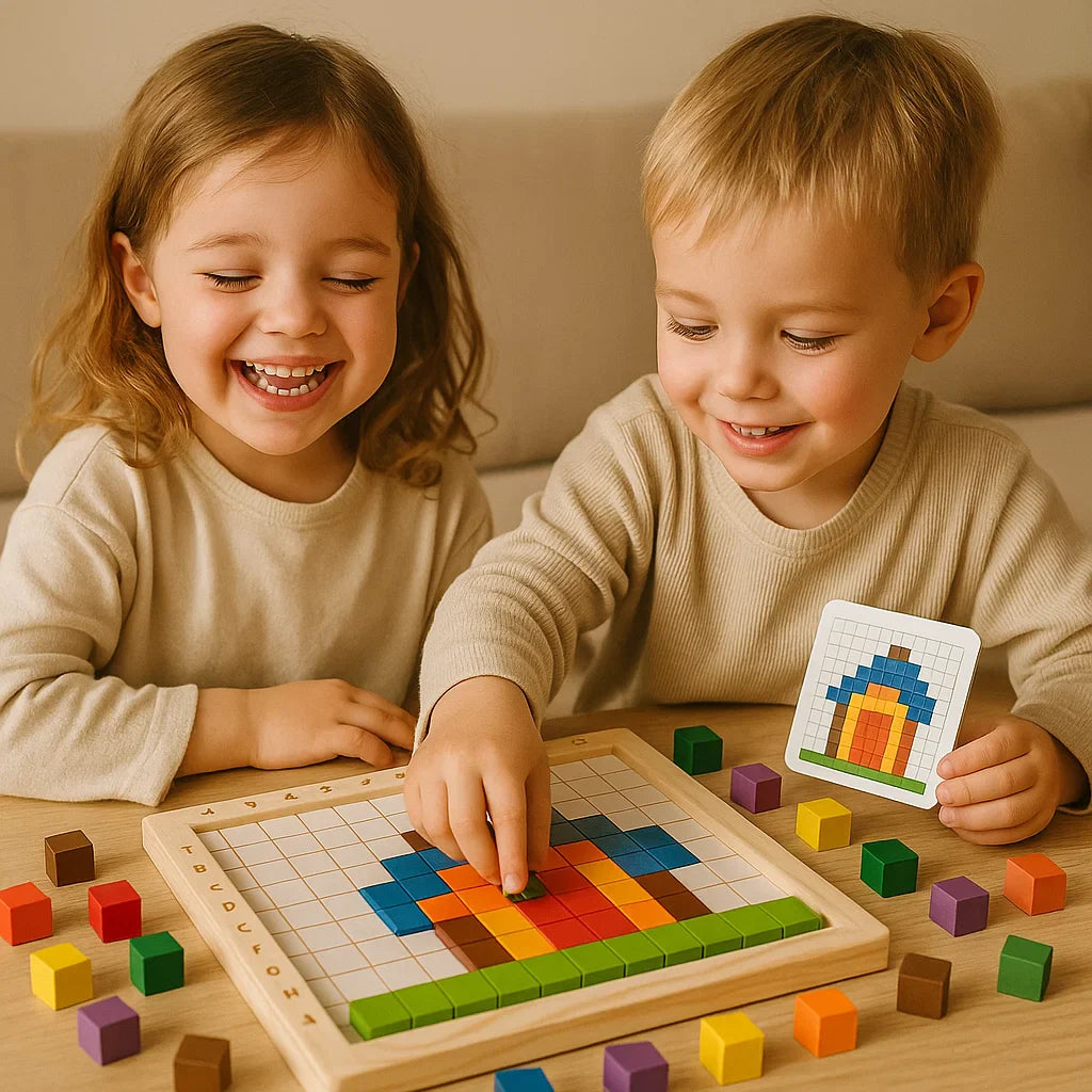 Drewniana gra logiczna dla dzieci | Kolorowe klocki do sortowania z siatką do logiki i dopasowywania wzorów